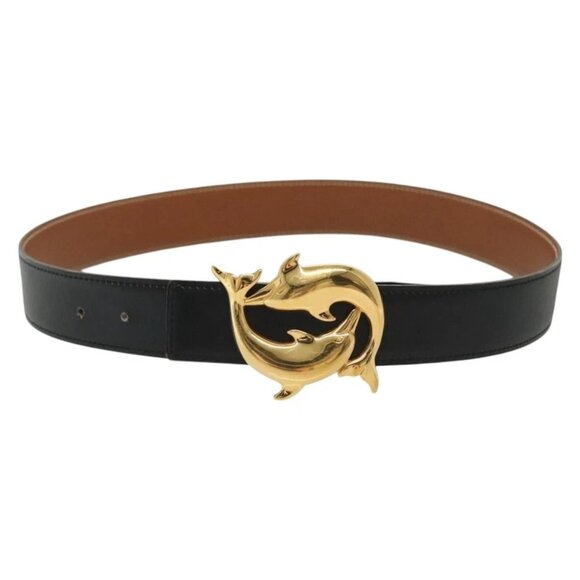 HERMES Dolphin Belt Leather 33.5"" Black Gold Auth - Picture 1 of 13